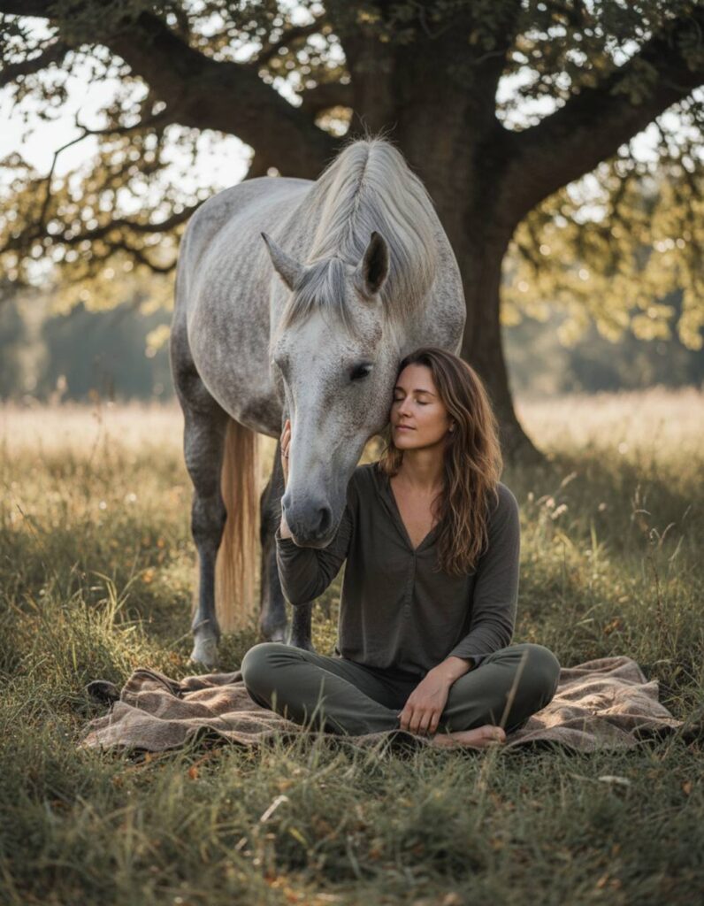 Woman sitting quietly beside a calm gray horse in a sunlit meadow, showing trust, presence, and a gentle human–horse connection built through awareness and safety.
