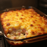 image of scalloped potatoes and ham, hot out of the oven.