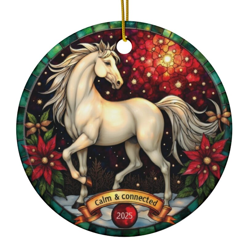 image of 2025 Calm & Connected Limited Edition Ornament — a luminous, stained-glass-inspired design featuring a serene white horse surrounded by glowing poinsettias and soft starlight.