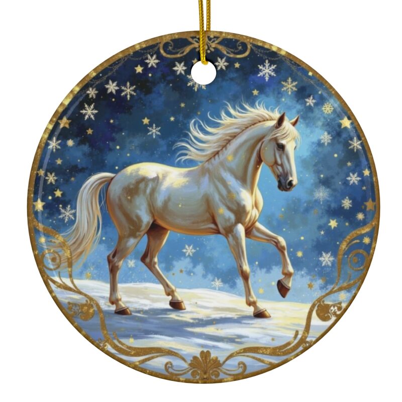 image of the first ceramic ornament in the Golden Horses Series.
Each piece in this line captures the timeless grace and quiet strength of the horse, with golden tones, peaceful compositions, and nature-inspired themes.