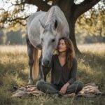 Woman sitting quietly beside a calm gray horse in a sunlit meadow, showing trust, presence, and a gentle human–horse connection built through awareness and safety.